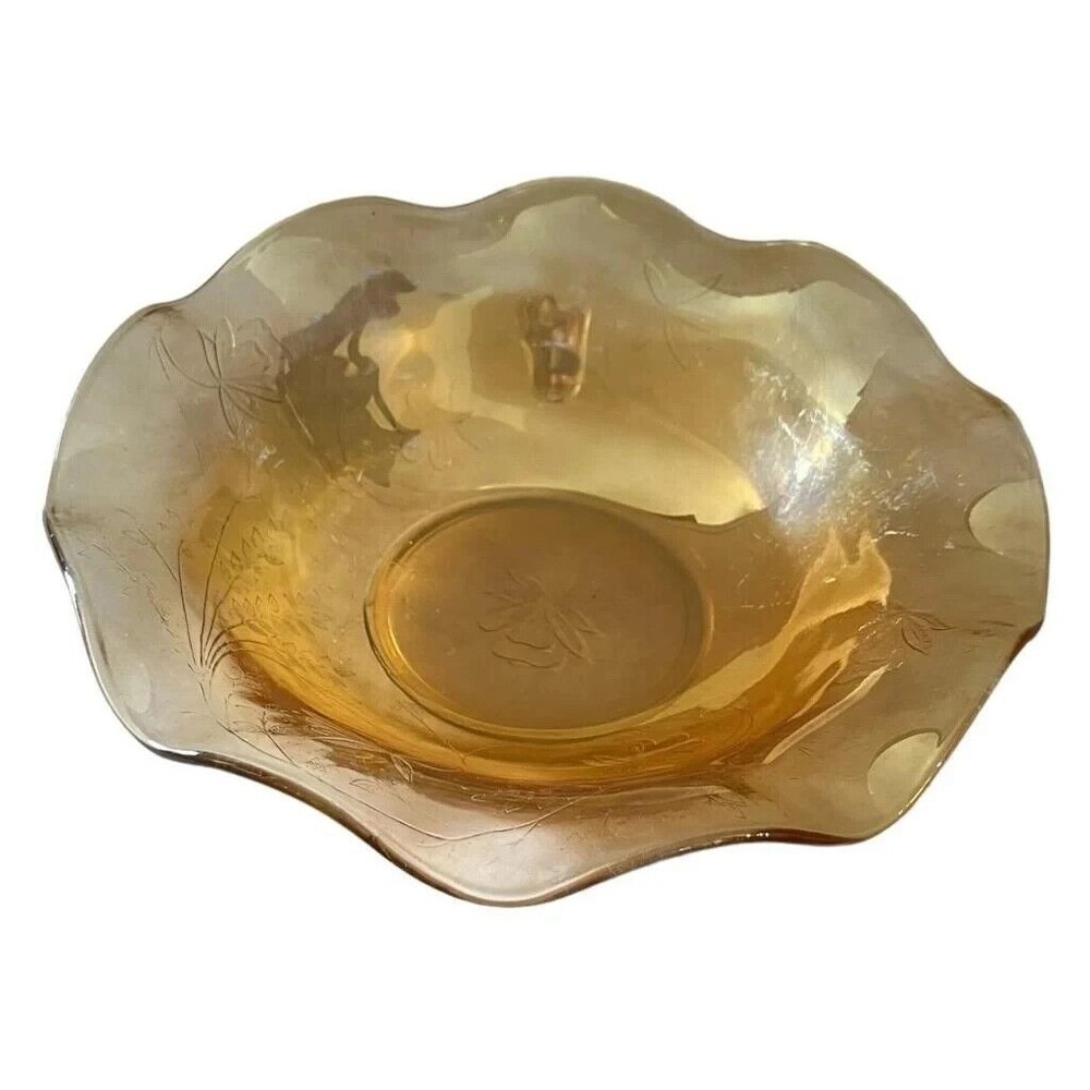 Vintage Jeanette Iris & Herringbone Marigold Carnival Glass Ruffled Bowl Gold